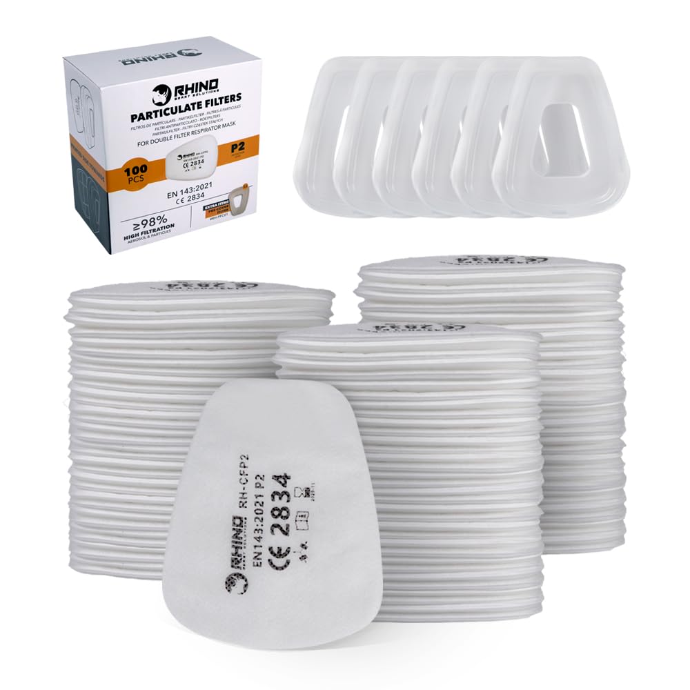 RHINO Smart Solutions Filtros de Algodón FFP2 para Filtro de Carbono y Mascarilla Reutilizable Anti Gas, Polvo, Pintura, Química, Vapores, Fitosanitarios (100 Filtros (+6 Tapas))
