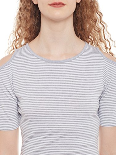 Image of Miss Chase Women's Grey and White Round Neck Half Sleeves Striped Mini Bodycon Dress