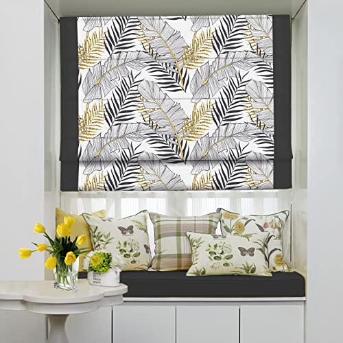 LANTIME Roman Shades Window Blinds, Lined Blackout Print Fabric with Solid Border Window Roman Shades, Ravenala