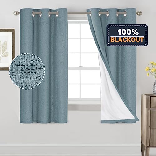 Image of PrinceDeco 100% Black Out Curtains 64 inch Long 2 Panels Noise Reducing Curtains Full Room Darkening Linen Textured Window Drapes Thermal Insulated Panels for Living Room, 42 X 64 Inch, Stone Blue