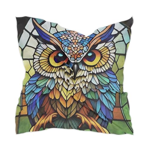 Flradish Stained Glass Owl Silk Like Head Scarf for Women,Soft Fashion Neck Scarf Square Satin Head