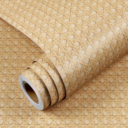 YENHOME Papel Pintado Pared Dormitorio Estilo Ratan 40x300cm Papel Pintado Autoadhesivo Madera Efecto Ratan Marron Natural para Salon Baño Impermeable Vinilos Adhesivo Muebles Armario Librería