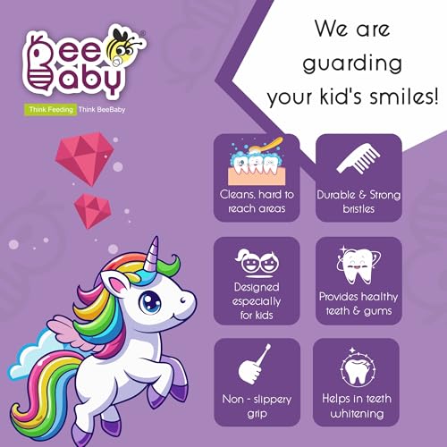 Image of BeeBaby Brush Buddy Baby Toothbrush for Kids 3-6 Years, Ultra Soft Tapered Bristles Toddler Toothbrush for Milk & Permanent Teeth, BPA Free Easy Grip Toothbrush for Sensitive Gums - Blue Unicorn