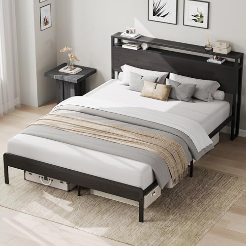 Image of LIKIMIO Full Bed Frame with Headboard, Dark Wood Camas Full with Strong Supports, Sturdy, Noise-Free, No Box Spring Needed, Classic Black