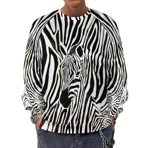 Zebra Print Mens Sweatshirts Casual Fashion Crew Neck Pullover Black and White Stripe Sweatshirt