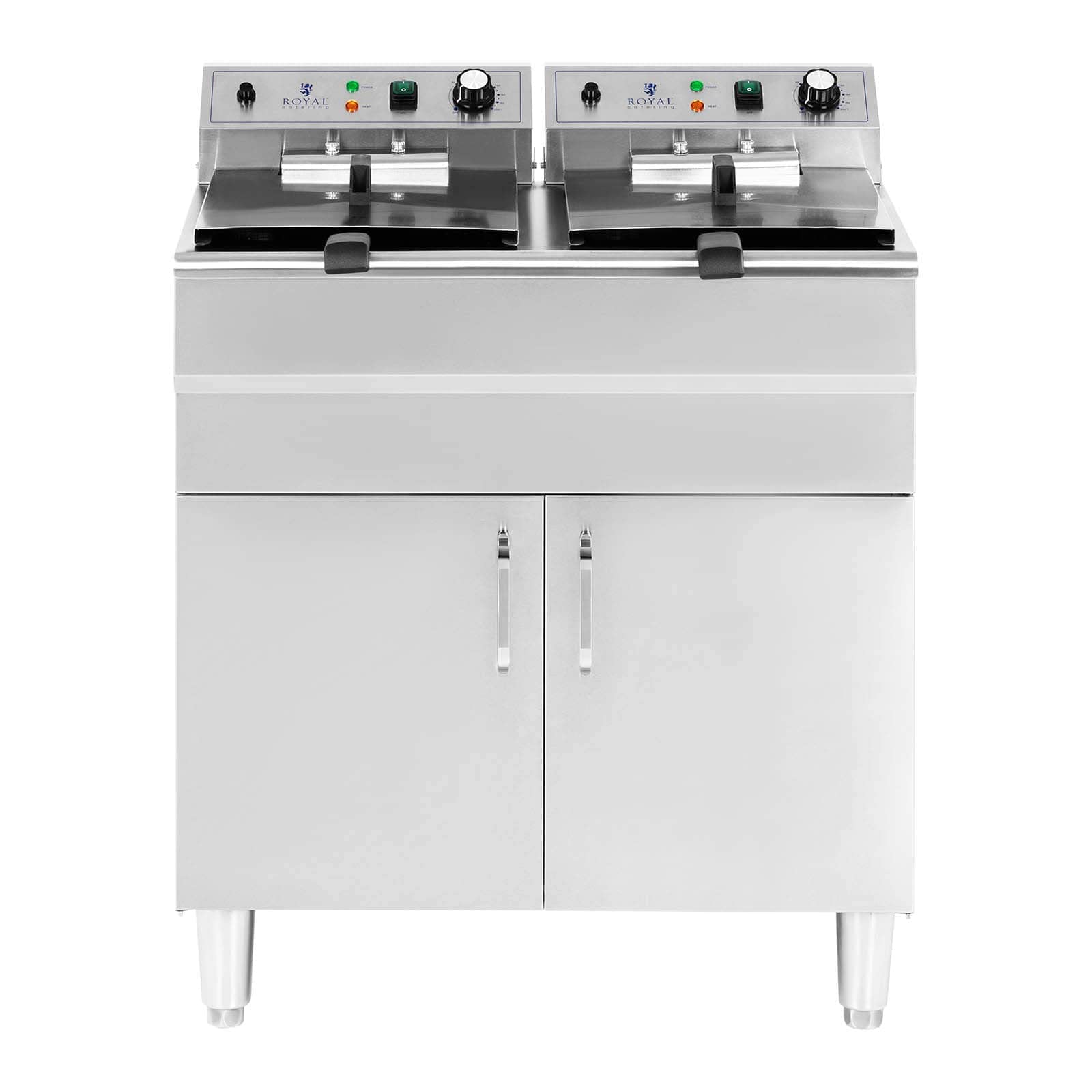 Royal Catering Doppel-Elektro-Fritteuse mit Unterschrank 2 x 16 l (2 x 10 l Öl) 10 000 W 400 V Ablasshahn Kaltzone Gastro-Fritteuse