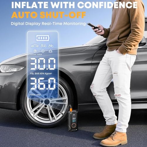 Akfldms Compresor de Aire Portátil para Inflar Neumáticos de 160 PSI, Inalámbrico, con Manómetro para Coches, Bicicletas y Balones.