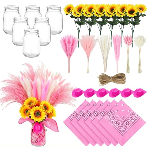 Image of Wonderjune 135 Pcs Western Cowboy Table Centerpieces Cowgirl Rodeo Party Decor with Mason Jar Bandannas Mini Hat Sunflowers Pampas for Cowboy Cowgirl Baby Shower Birthday Wedding Party Decor(Pink)