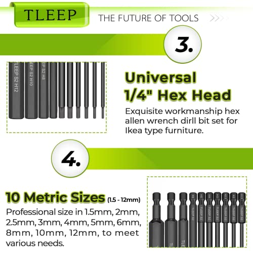 Tleep 10 X 1/4 Inch Hex Head Allen Wrench Drill Bits Long 100Mm, Big 12Mm To Small 1.5Mm, Metric, S2 Steel Magnetic Tips Screwdriver Socket Bit Set For Ikea Type Furniture, Black #TOP4