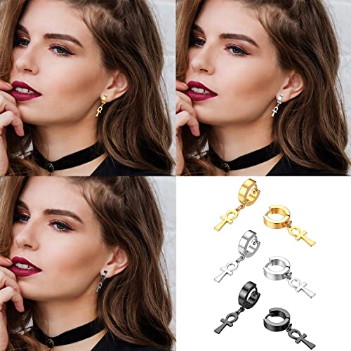 Ankh Cross Earrings for Men Women, Stainless Steel Egyptian Symbol Stud Earrings Dangle Hinged Piercing Hoop Earrings4