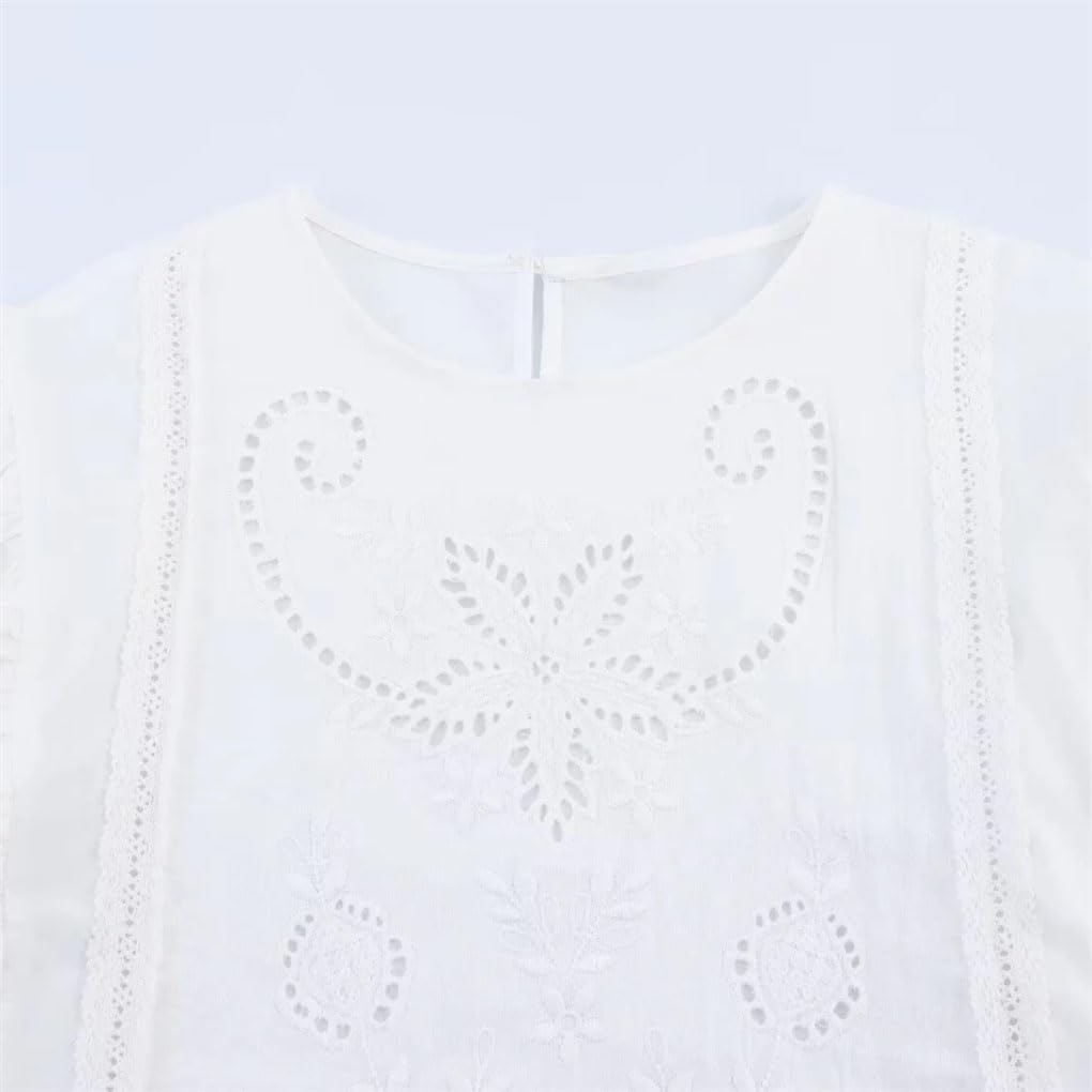 Women's Embroidered Hollow Round Neck Short Sleeve Ruffle Button Top