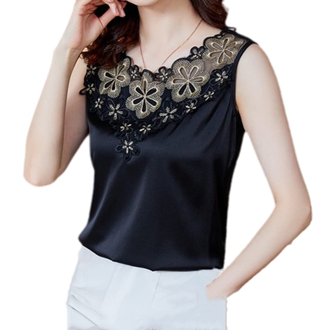 Camisetas sin Mangas con Cuello Redondo para Mujer, Camisola de satén con Retazos Florales calados, Chaleco Informal Holgado