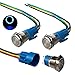 QitinDasen 3Pcs Premium 12V / 24V 5A Interruptor de Botón Momentáneo, 19mm Interruptor de Botón Metálico, LED Azul Interruptor Pulsador Impermeable IP67 con Enchufe de Cable