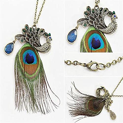 Dreuyet Bohemian Peacock Feather Necklace for Women Handmade Boho Vintage Turquoise Crystal Pendant Necklace Statement Summer Beach Retro Ethnic Jewelry3