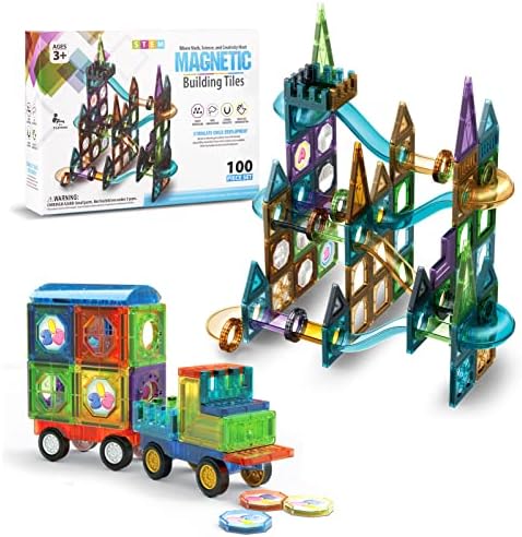 Magnetic Building Blocks for Kids - Magnetic Construction Set with Shapes, Tiles, Cars, Sticks - STEM Learning Toy for Toddlers Preschoolers, Easy to Clean & Store, Compatible with Other Magnet Tiles