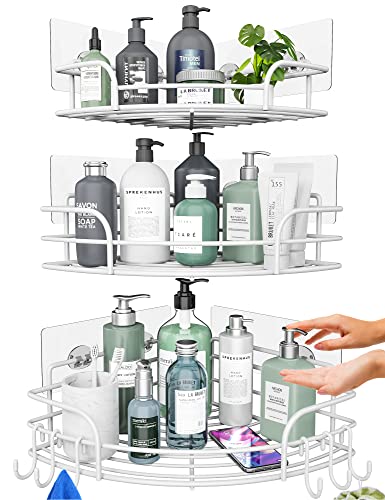 3 Pack Corner Shower Caddy: Stainless Steel No-Drilling Bathroom Organizer For All 90° Corners- Installed In Minutes, Heavy Duty Shower Shelves For Storage- 6 Metal Hooks With Caps, 2 Extra Adhesives #TOP30