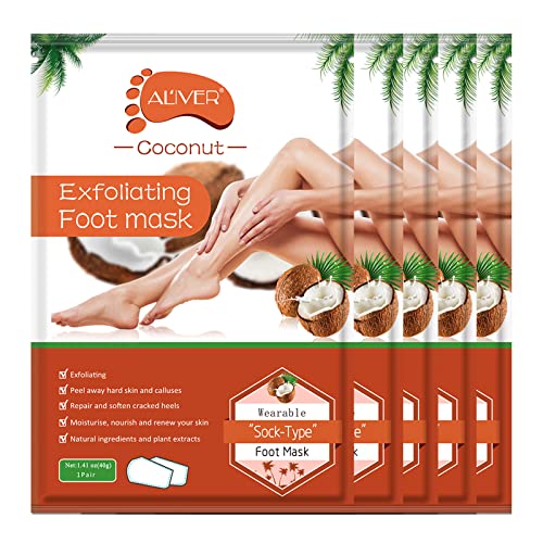 5 Pack Foot Peel Mask, Foot Exfoliator Peel Off Dry Cracked Feet Dead Skin Callus Remover, Natural Foot Socks, Baby Soft Smooth Touch, Removes & Repairs Dry Dead Skin and Rough Heels (Coconut)