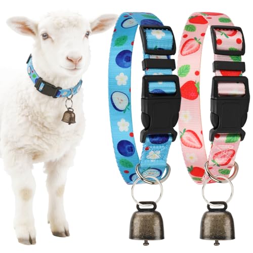 2 Pack Goat Collars with Bells Sheep Grazing Copper Bells and Adjustable Nylon Collar Set Pet Anti-Lost Loud Bronze Bell for Farm Animal Sheep Goat Cow AccessoriesBlueberryStrawberry