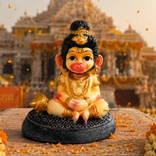 Image of Smiling Bal Hanuman Idol for Home Decor & Pooja | Marble Dust Meditating Hanuman Murti | Matte Finish Multicolor Bajrangbali Statue for Temple, Office, Gift (11 CM)