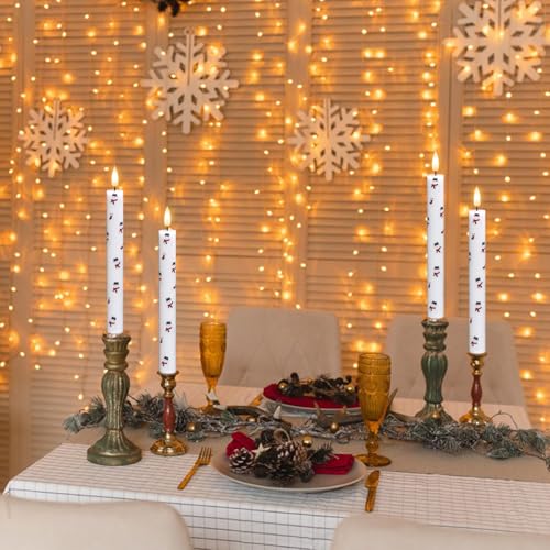 Image of GenSwin Christmas Taper Candles with Snowman Decals, 4 Pack LED Taper Candles with Timer, Real Wax Flickering LED Flickering Flameless Candlesticks with Christmas Prints for Home Decor(0.78 inch x 9.6 inch)