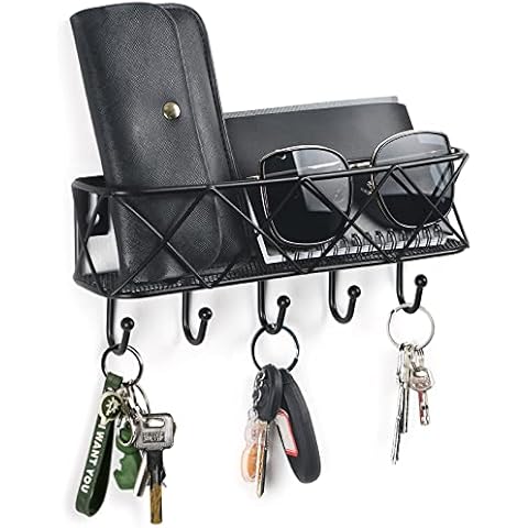 HappyHapi Key Holder for Wall Decorative, Entryway Key Hooks, Wall Mounted Key Rack with 5 Hooks, Metal Wire Mesh Basket Mail Holder, 9.8”Lx2.1”Wx4.1”H Cover