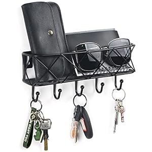 HappyHapi Key Holder for Wall Decorative, Entryway Key Hooks for Wall, Wall Mounted Key Rack with 5 Hooks, Metal Wire Mesh Basket Mail Holder with Key Hooks for Entryway, 9.8”Lx2.1”Wx4.1”H