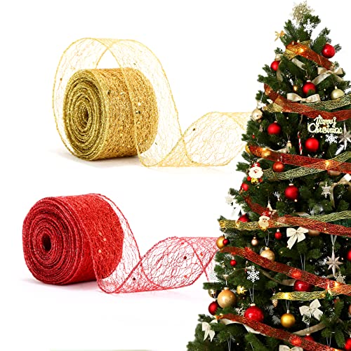 LEMESO 2 Nastri Natalizi per Albero di Natale Nastro Natalizio in Rete Oro e Rosso Kit, Confezioni Regalo, Decorazioni Ornamenti Addobbi Natalizi per Casa Glitterato con Filo Metallico