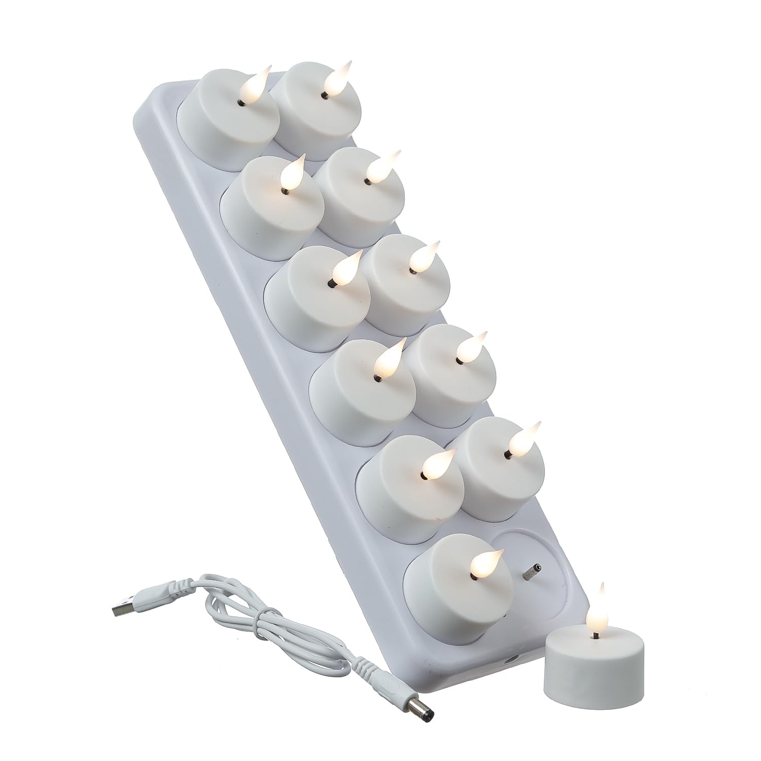 MARELIDA LED Teelichter 12 Stück wiederaufladbare LED Teelichter mit Ladestation und USB Kabel D: 4cm flackernd - weiß (12er Set)