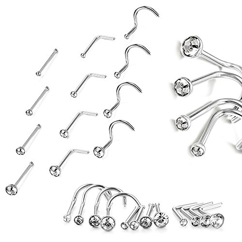 REBEL METTLE Nose Rings Studs Set [316L Stainless Steel] Piercing Body Jewelry [Silver] w/Bezel CZ Cubic Zirconia Crystals [Sizes 1.5mm 2mm 2.5mm 3mm]