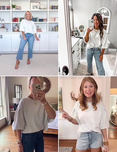 Women Cropped Sweatshirt Tee Puff Short Sleeve Crewneck Pullover Top Solid Casual Summer T-Shirt Blouses2