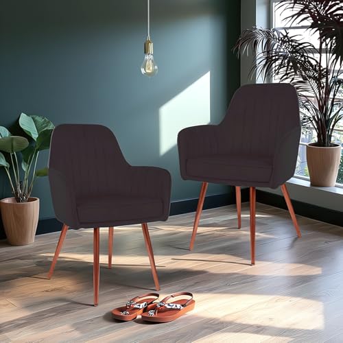 Image of Set of 2 Accent Chair for Living Room | Modern Armchair in Soft Velvet Fabric with Sturdy Legs | Premium Chair for Home Living Room Bedroom Restaurent | (Bronze Legs, Black)