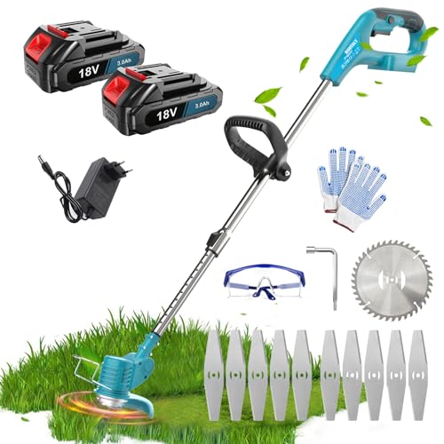 Cordless Strimmer Grass Trimmer, 18V Compatible with Makita DUR181Z, Lightweight Li-ion Battery with 2 x 3.0Ah and Charger Lawn Edger Tool for Trimming Grass Weed with 10xMetal Blades and 1xSaw Blade