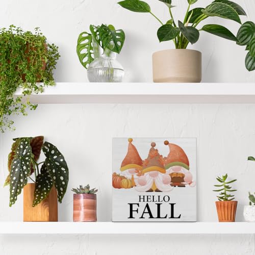 Hello Fall Decor Fall Gnomes Decorations Rustic Fall Wooden Block Sign Home Indoor Decor 5 x 5 Inches - Image 3