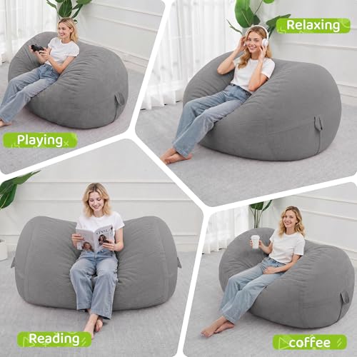 Image of 4FT Bean Bag Chair 4'Big Bean Bag Chairs with Adults, Large Beanbag Chair | Bean bag Lounger with Machine Washable Cover Fine Corduroy Fabric, Comfy Chairs for Living Room Bedroom Dorm, Lightgrey