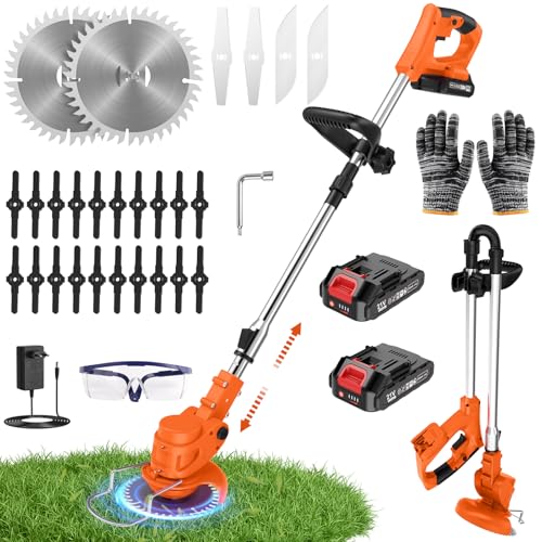 Debroussailleuse Electrique sans Fil 21V avec 2 Batteries 2000mAh, Coupe Bordure sans Fil avec Batterie Léger et Pliable 4 Types de Lames, Rotofil Batterie pour Pelouse...