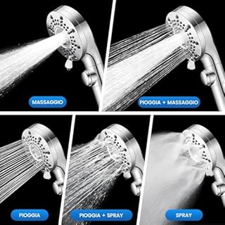 berssen Soffione Doccia Anticalcare, Doccino per Doccia 5 Modalità di Spruzzo, Lancia ad Alta Pressione, Doccetta per Doccia Universale Grande(Diametro 100mm+150cm Tubo Doccia, G1/2)