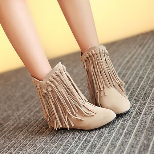 KiutSymo Womens Ankle Fringe Boots Round Toe Wide Calf Flat Tassel Boots Casual Hidden Wedge Heels Ankle Boots for Winter4