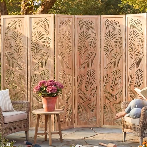 JOSTYLE Boho Room Divider with Feather Carving, 6-Panel Openwork Wood Screen, Decorative Folding Partition for Bedroom & Studio Apartment, 67" H x 96" W