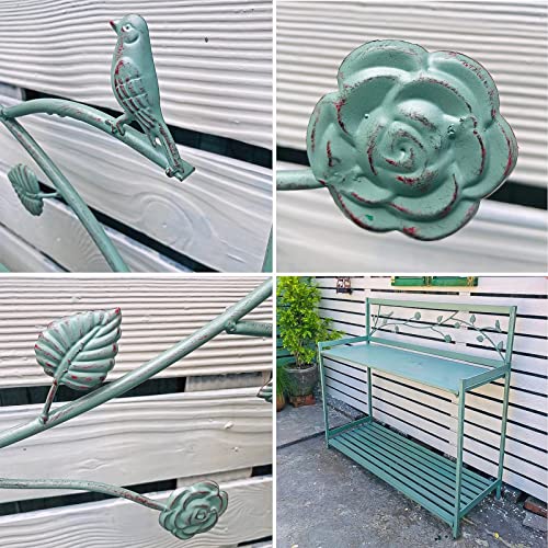 Pflanzbank, Pflanztisch für den Außenbereich, Metall, mit 2 Ebenen, offenem Regal, Gartenarbeitsplatz zum Bepflanzen, langlebiges Design für Terrasse, praktische und funktionale Gartenlösung
