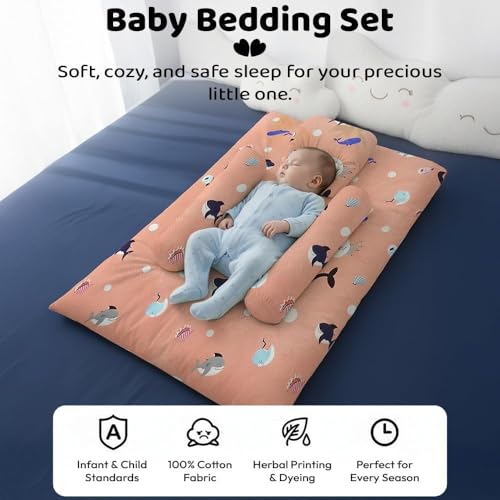 Image of StarAndDaisy Newborn Baby Bedding Nest 100% Cotton Cushioned Mattress Sheet with 2 Side Bolster Pillows & 1 Head Pillow Breathable & Soft Boys & Girl Design Shark Print