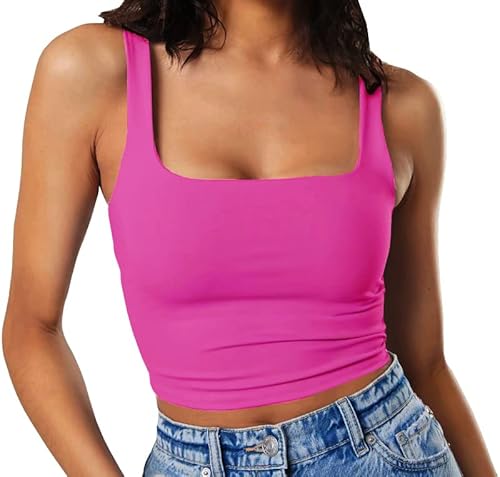 Artfish Women's Sleeveless Strappy Crop Tank Tops Square Neck Camis Going Out Neon Hot Pink, S #TOP23
