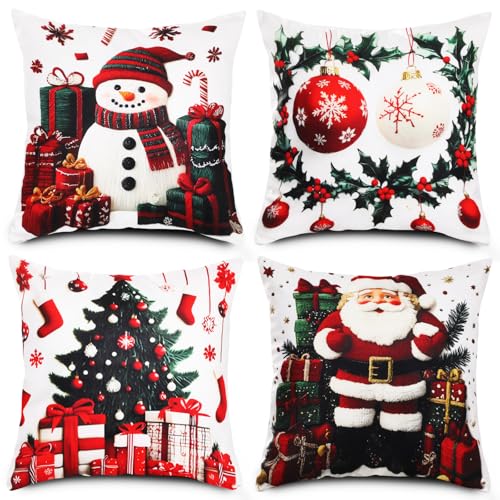 Bigqin Lot de 4 Housse de Coussins Noël - Rouge, Vert & Blanc - Peluche Douce à Motifs Sapin,...