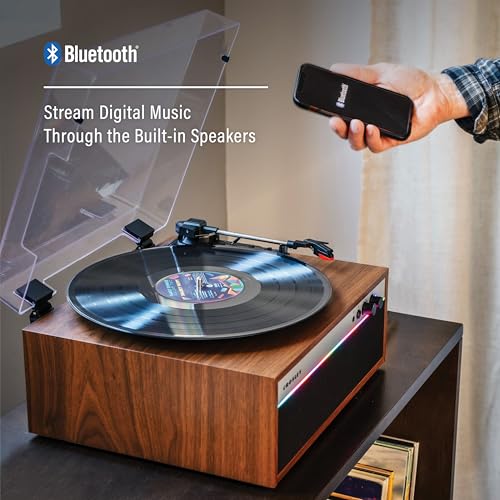 Crosley CR6048A-WA Strobe Bluetooth Vinyl Record Player with Music Sync Color Changing LED Lights, Walnut - Les Beatles, Paul McCartney, John Lennon, RIngo Starr, George Harrison Crosley CR6048A-WA Strobe Bluetooth Vinyl Record Player with Music Sync Color Changing LED Lights, Walnut – Image 4