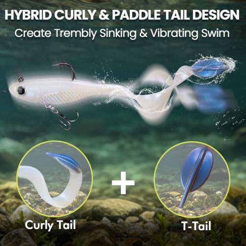 Image of TRUSCEND Duramax TPE Soft Fishing Lures with BKK Hooks, Easy Catch Curly & T-Tail for Trembly Sinking & Vibrating Swim, UV or Glow Effect for All Conditions, Pre-rigged Swimbait for Bass Trout Crappie