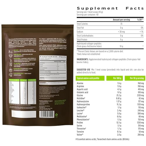100% Grass Fed Bovine Collagen Protein Powder, Advanced Hydrolyzed Collagen Peptides, Collagen Types 1, 2 & 3, Non-GMO, Free Range, Gluten & Dairy Free, Easy Mix, 40 Servings, Pure & Essential