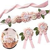 WeddingSteps Baby Shower Maternity Sash Belly Belt-Pink Flower Sash Set Mom to Be & Dad to Be Corsage Pins for Gender Reveal