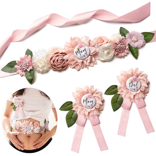 Image of Baby Shower Maternity Sash Belly Belt-Pink Flower Sash Set Mom to Be & Dad to Be Corsage Pins for Gender Reveal