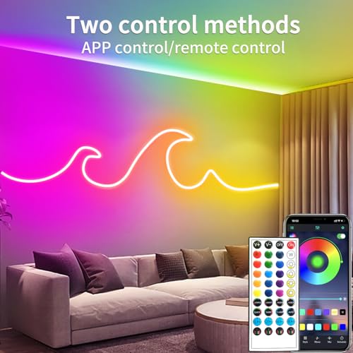 Image of 100FT Neon Rope Light,24V IP65 Waterproof RGB LED Strip Lights | Neon Lights with 40 Key Remote and APP Control for Bedroom,Multiple Modes for DIY Design(2 Rolls of 50ft with Snap &Screws)