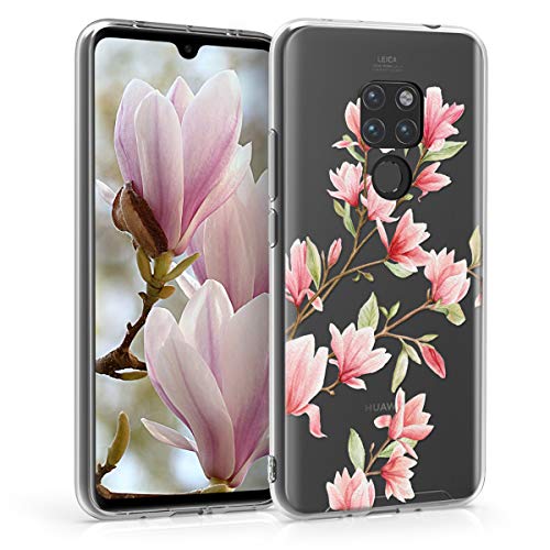 kwmobile Case Compatible with Huawei Mate 20 - Clear Case Soft TPU Phone Cover - Magnolias Pink White Transparent