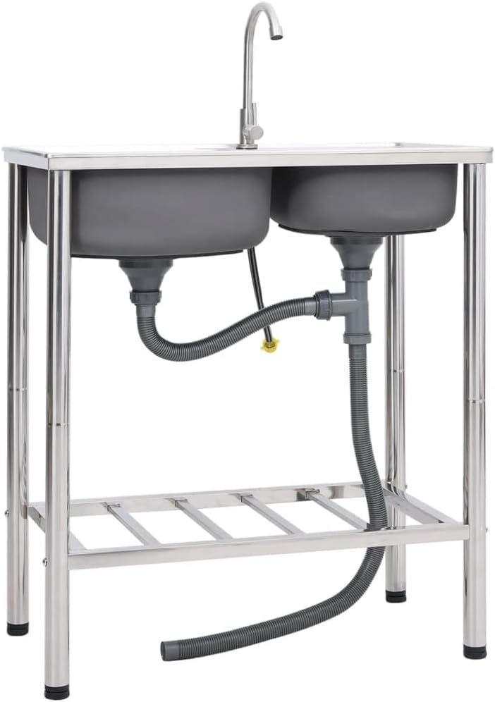 Double Basin Camping Sink with Tap and Drainer, Portable Stainless Steel Outdoor Kitchen Station for Camping, RV, Backyard, 29.9 x 16.5 x 7.3 Inches